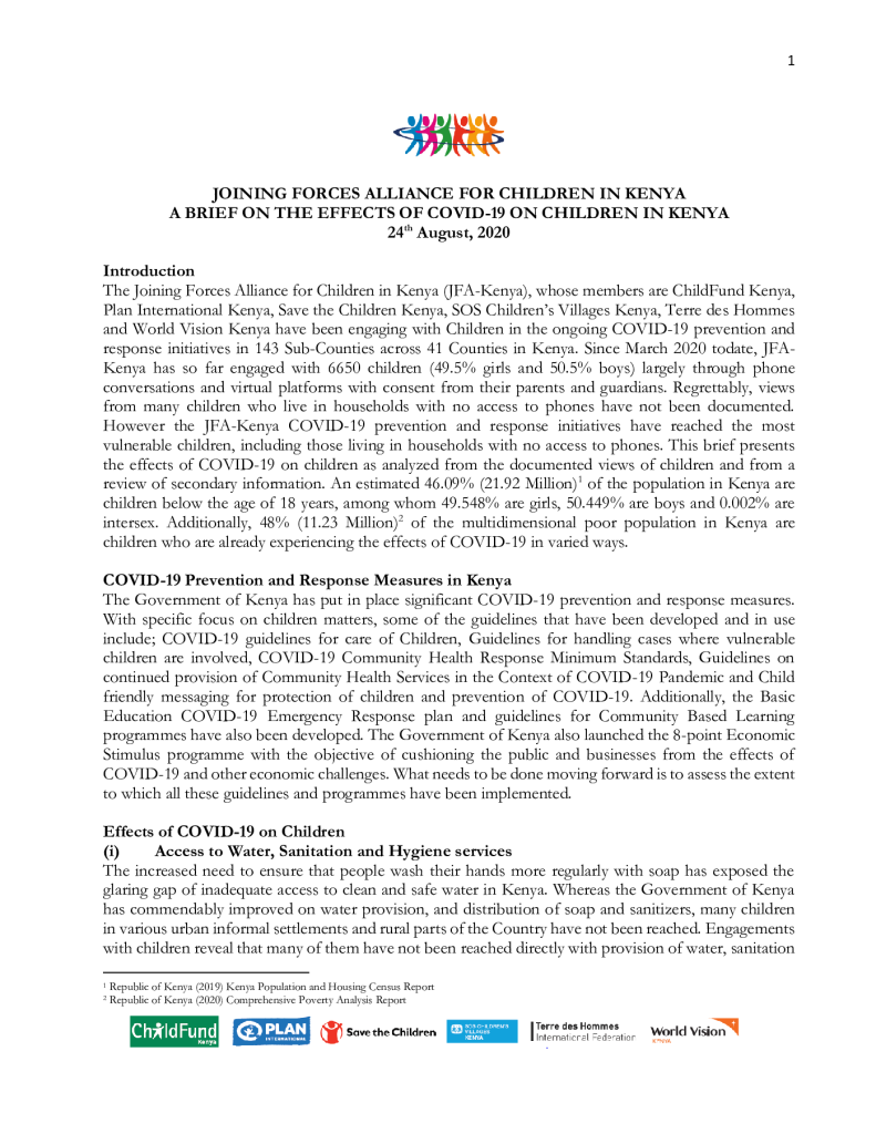 JFA-Kenya – A brief on Effects of COVID-19 on Children in Kenya